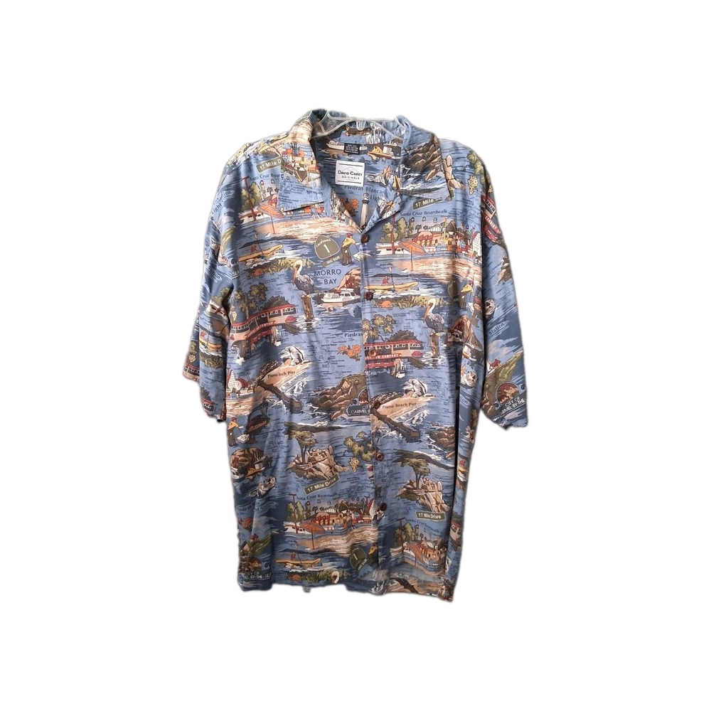 Vintage David Carey Men's 2XL California Coast Print Button Up Camp Shirt